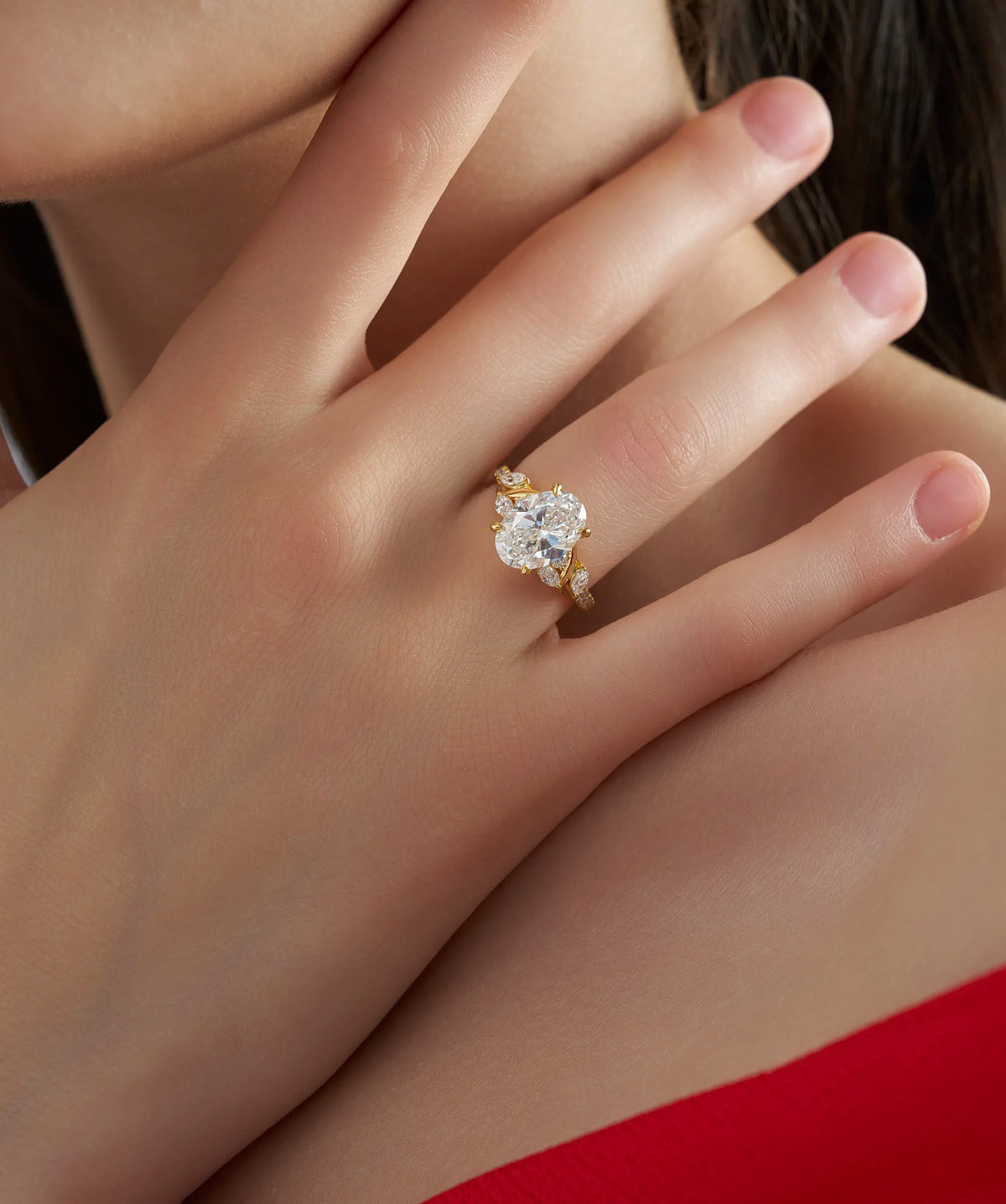 Oval Cut Lab Grown Diamond Vine Engagement Ring with Marquise Accents in Gold