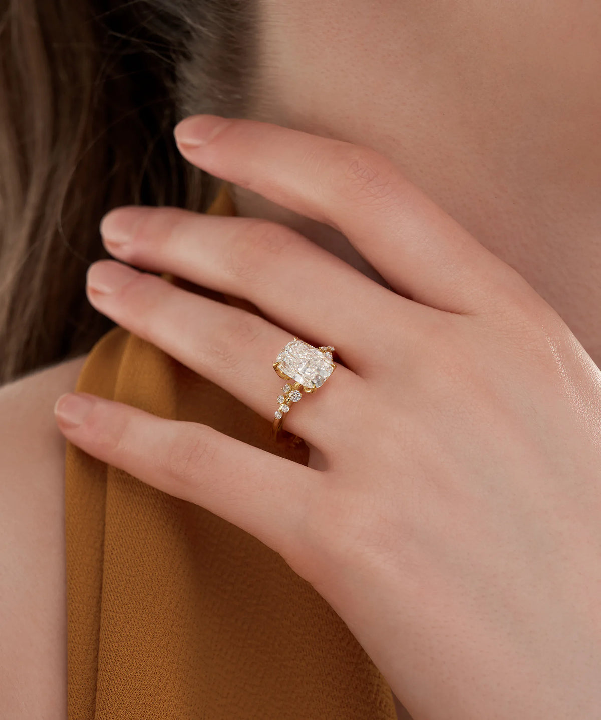 Elongated Cushion Cut Lab Grown Diamond Cluster Accent Engagement Ring in Gold