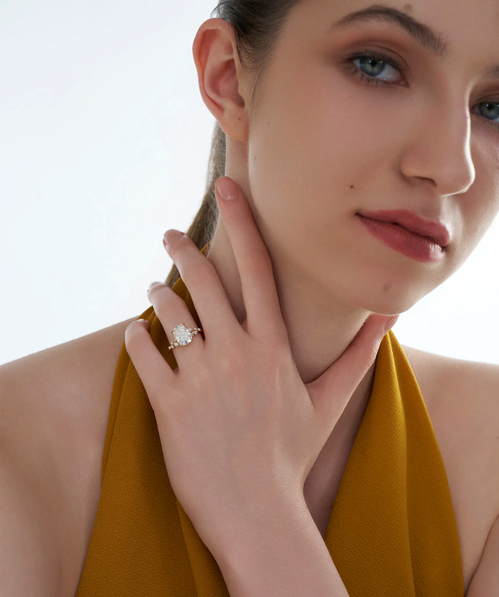 Elongated Cushion Cut Lab Grown Diamond Cluster Accent Engagement Ring in Gold