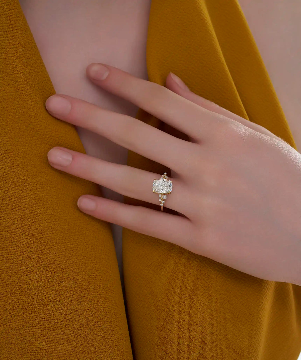 Elongated Cushion Cut Lab Grown Diamond Cluster Accent Engagement Ring in Gold