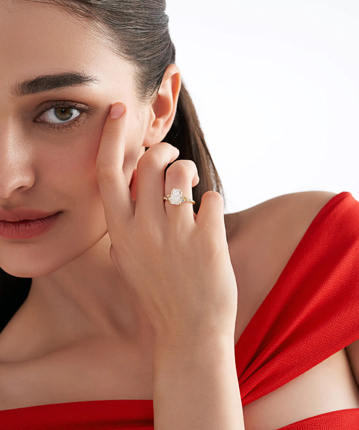 Radiant Cut Lab Grown Diamond Cluster Accent Engagement Ring in Gold