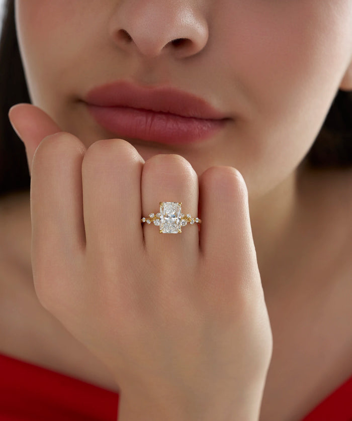 Radiant Cut Lab Grown Diamond Cluster Accent Engagement Ring in Gold