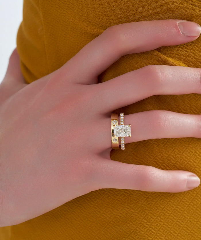 Radiant Cut Lab Grown Diamond Hidden Halo Bridal Ring Set in Gold
