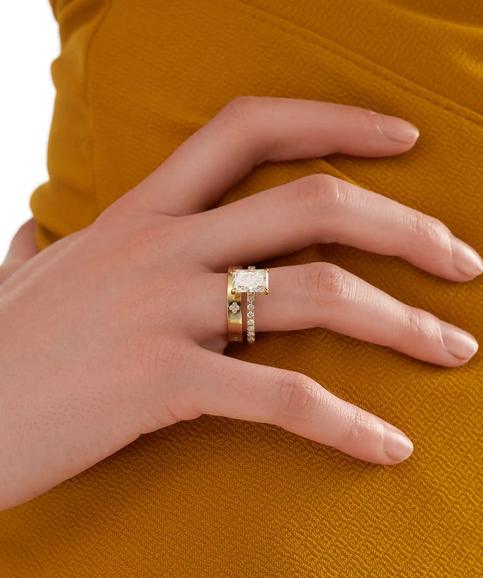 Radiant Cut Lab Grown Diamond Hidden Halo Bridal Ring Set in Gold