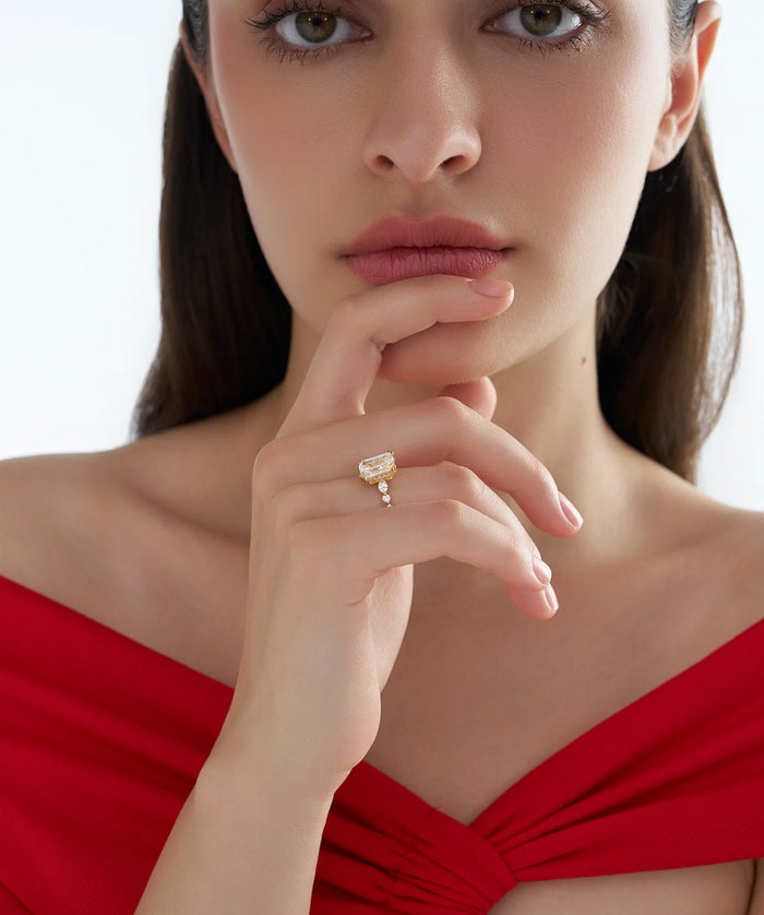 Emerald Cut Lab Grown Diamond Engagement Ring with Pear and Round Accents in Gold