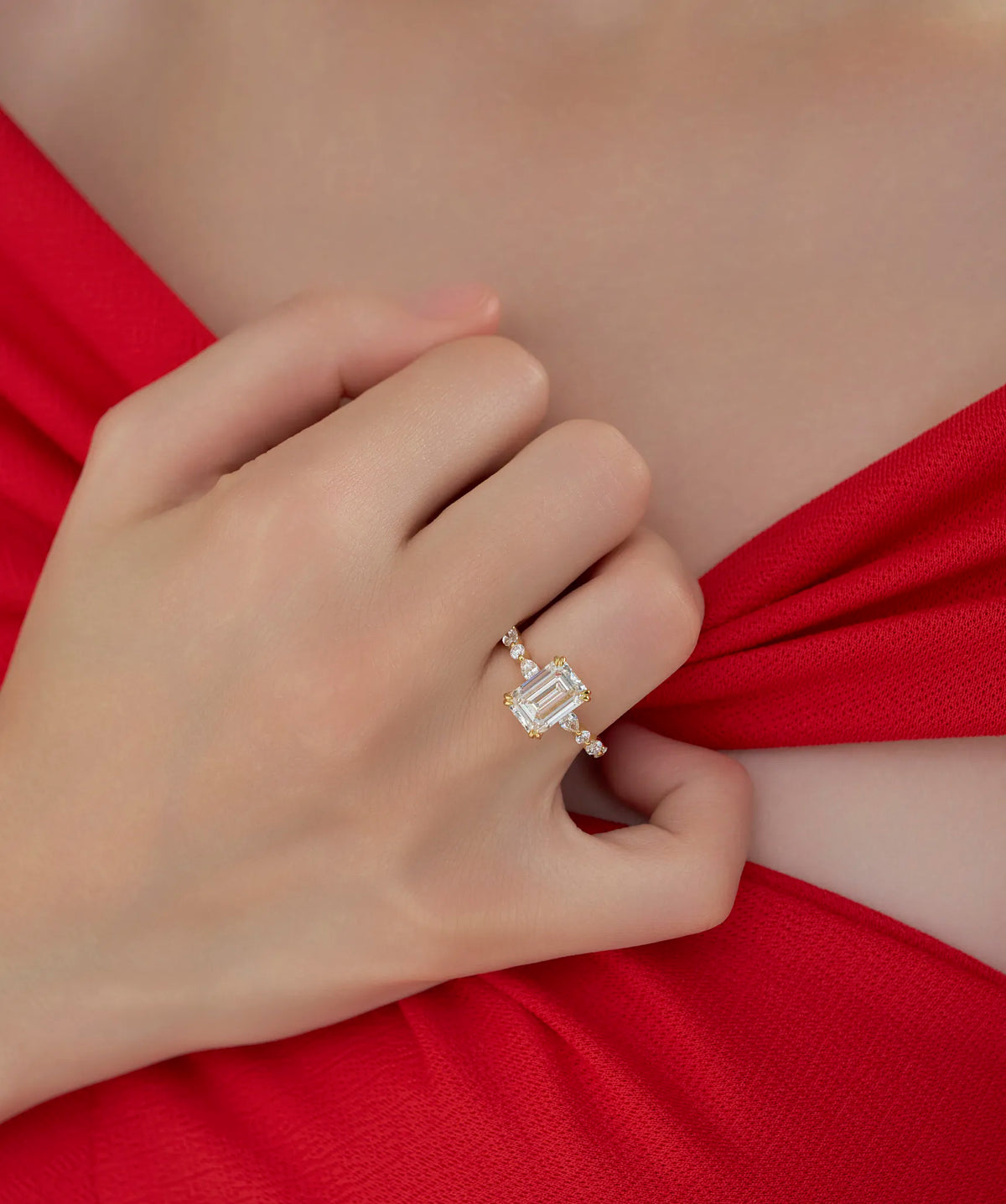 Emerald Cut Lab Grown Diamond Engagement Ring with Pear and Round Accents in Gold