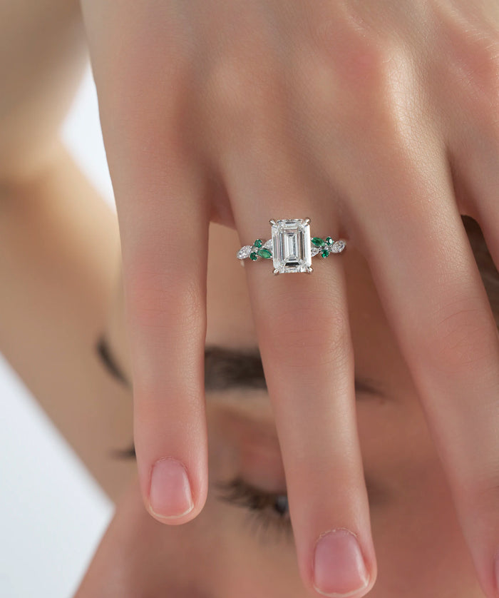 Emerald Cut Lab Grown Diamond Ring with Emerald Floral Accents in Gold