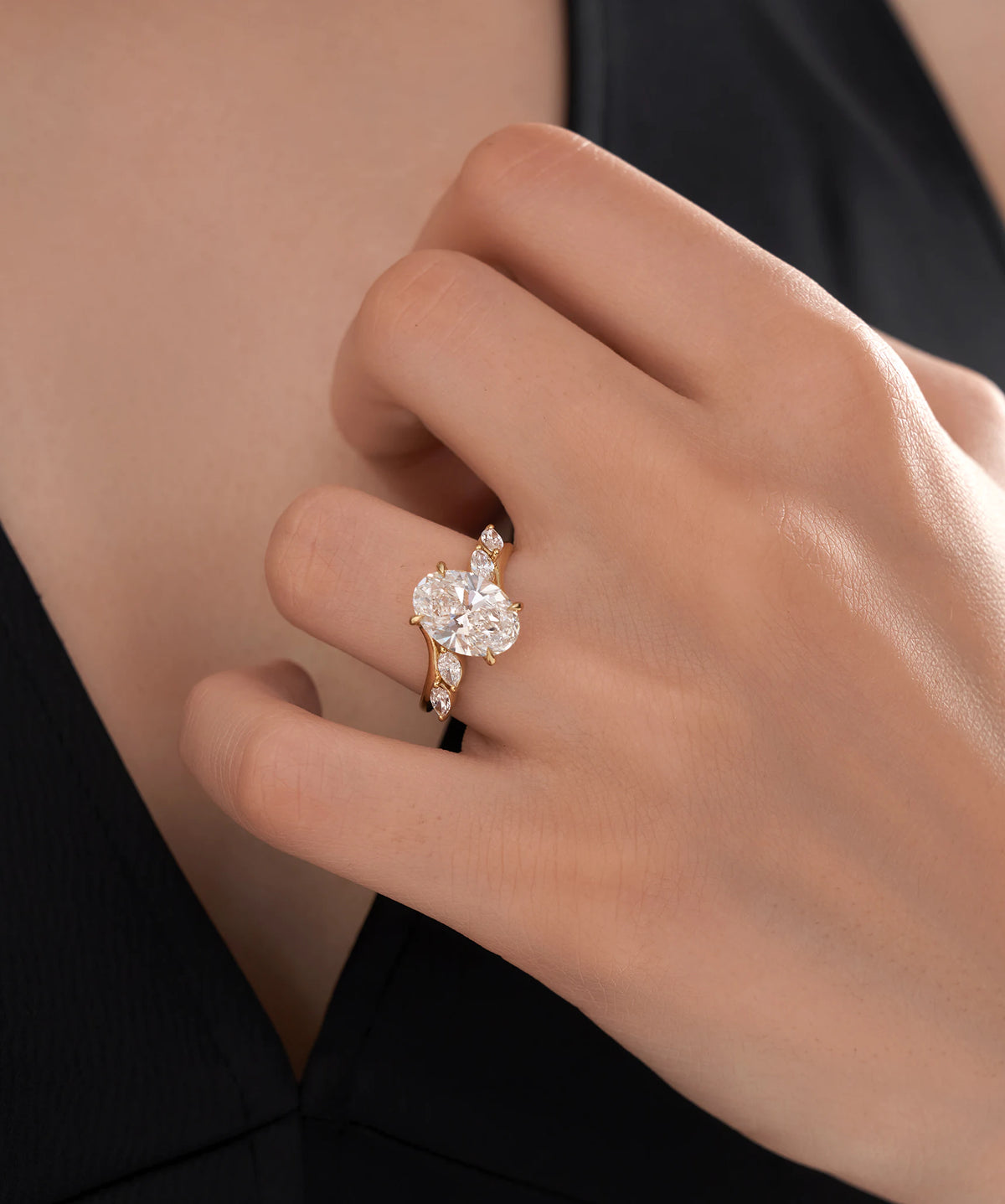 Oval Cut Lab Grown Diamond Vine Engagement Ring with Marquise Leaves in Gold