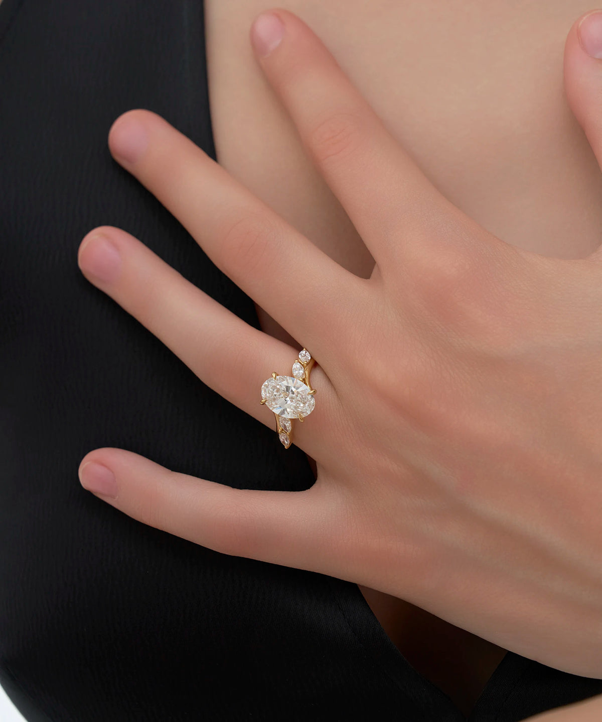 Oval Cut Lab Grown Diamond Vine Engagement Ring with Marquise Leaves in Gold