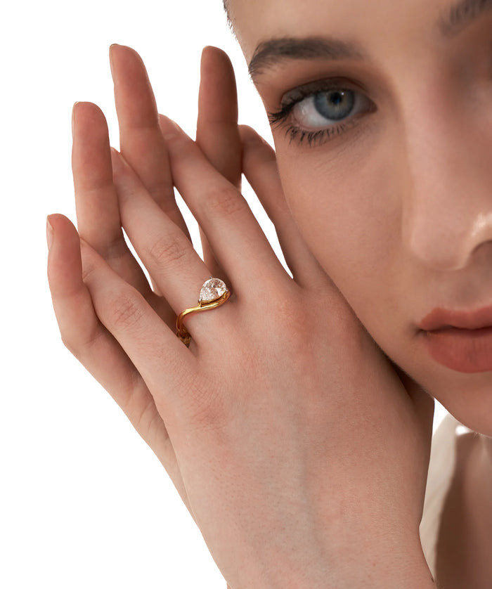 East West Pear Cut Lab Grown Diamond Bypass Solitaire Ring in Gold
