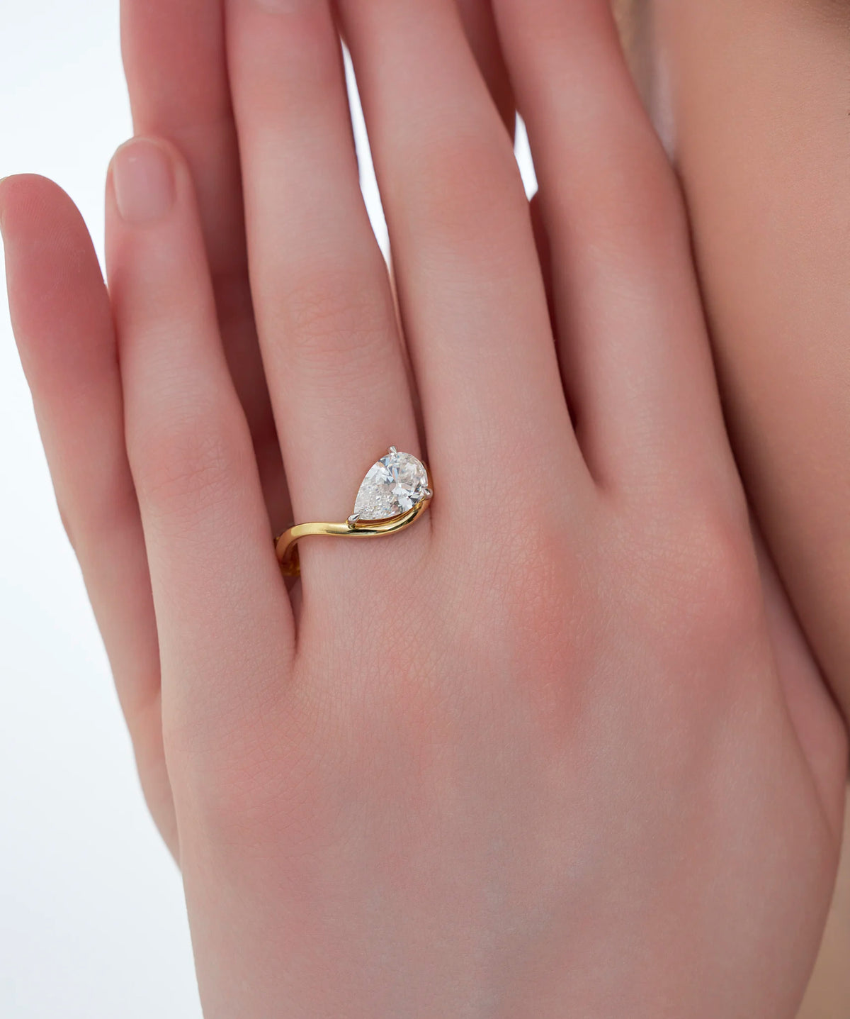 East West Pear Cut Lab Grown Diamond Bypass Solitaire Ring in Gold