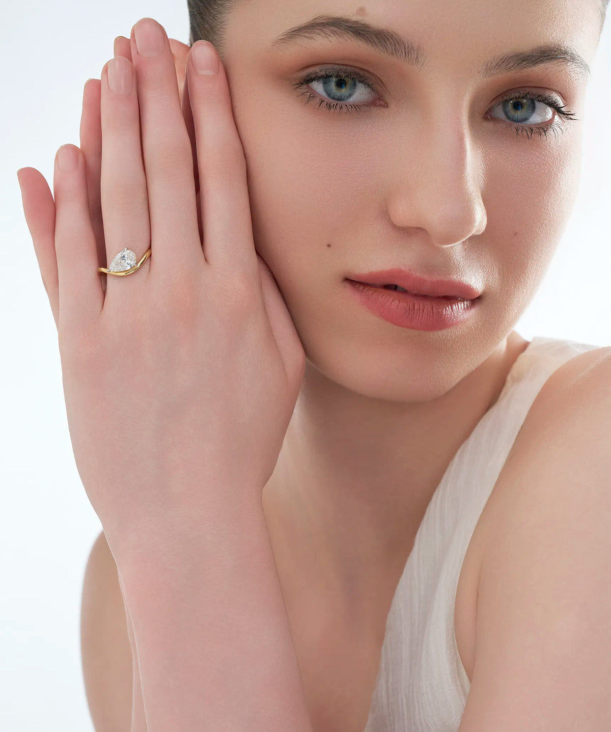 East West Pear Cut Lab Grown Diamond Bypass Solitaire Ring in Gold