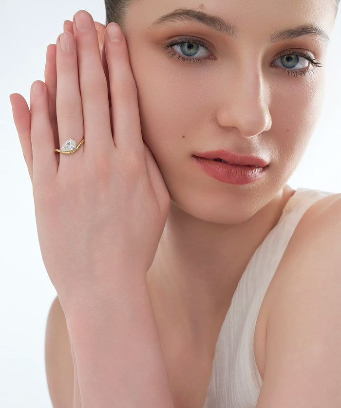 East West Pear Cut Lab Grown Diamond Bypass Solitaire Ring in Gold