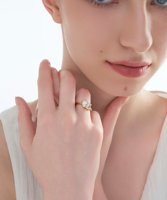 Radiant and Pear Lab Grown Diamond Toi et Moi Ring in Gold