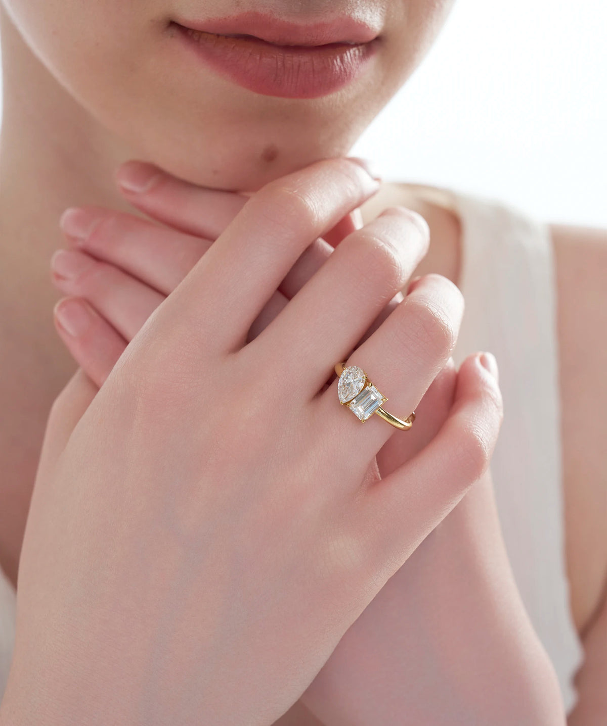 Radiant and Pear Lab Grown Diamond Toi et Moi Ring in Gold