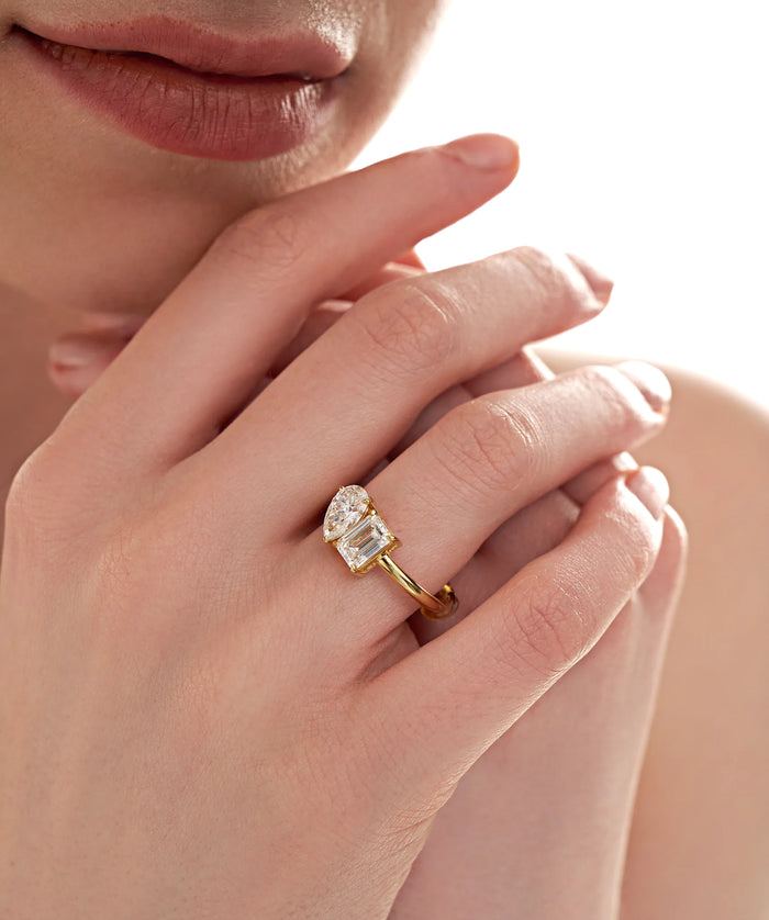 Pear and Emerald Cut Lab Grown Diamond Toi et Moi Ring in Gold