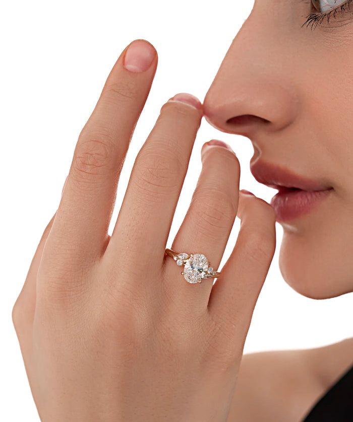 Oval Cut Lab Grown Diamond Floral Cluster Engagement Ring in Gold