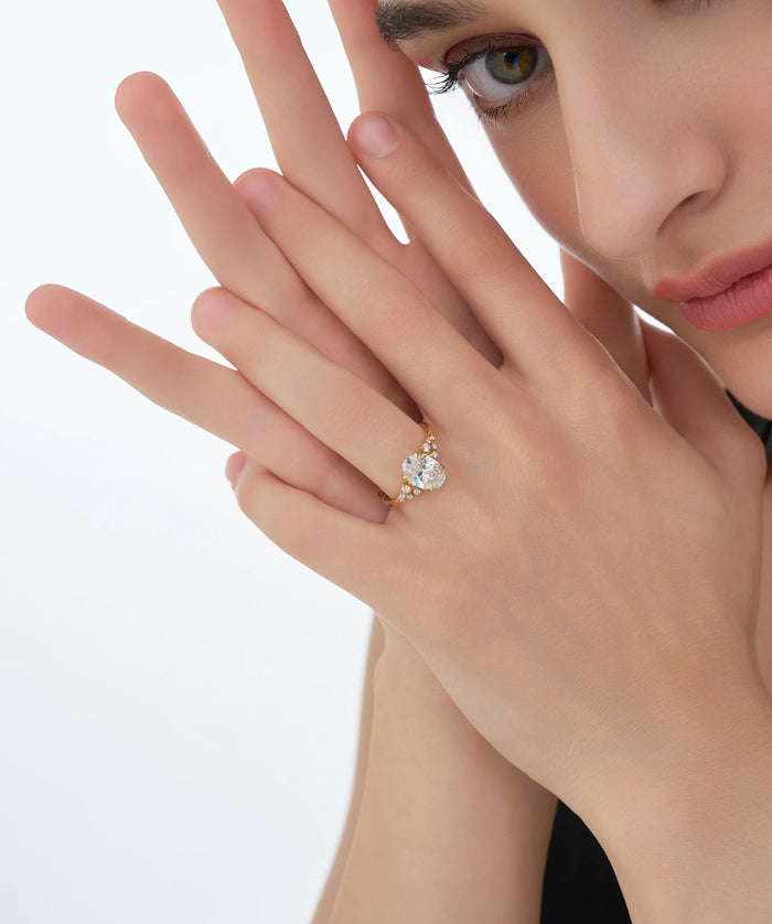 Oval Cut Lab Grown Diamond Cluster Accent Engagement Ring in Gold