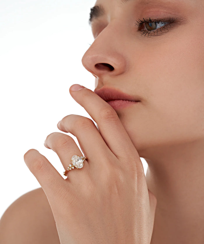 Oval Cut Lab Grown Diamond Cluster Accent Engagement Ring in Gold