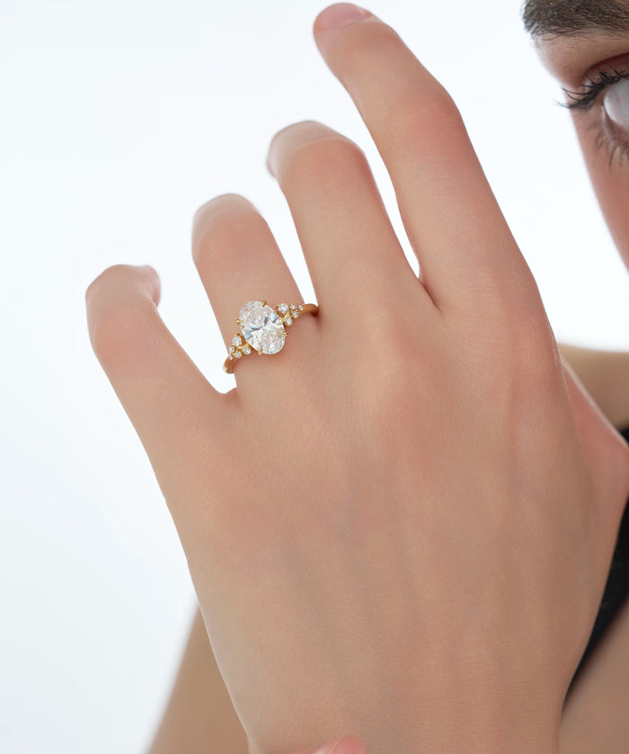 Oval Cut Lab Grown Diamond Cluster Accent Engagement Ring in Gold