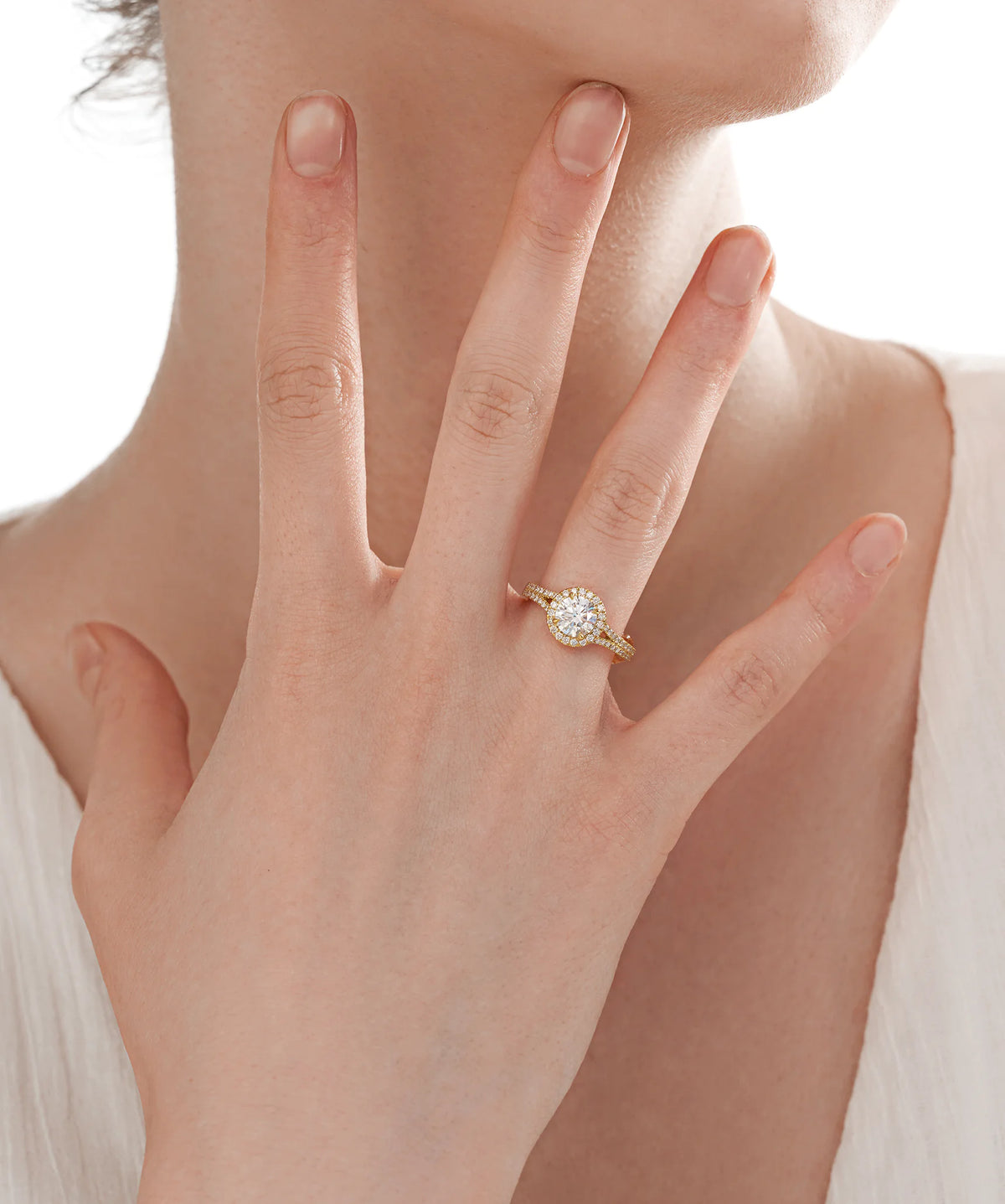 Round Cut Lab Grown Diamond Halo Engagement Ring with Split Shank in Gold