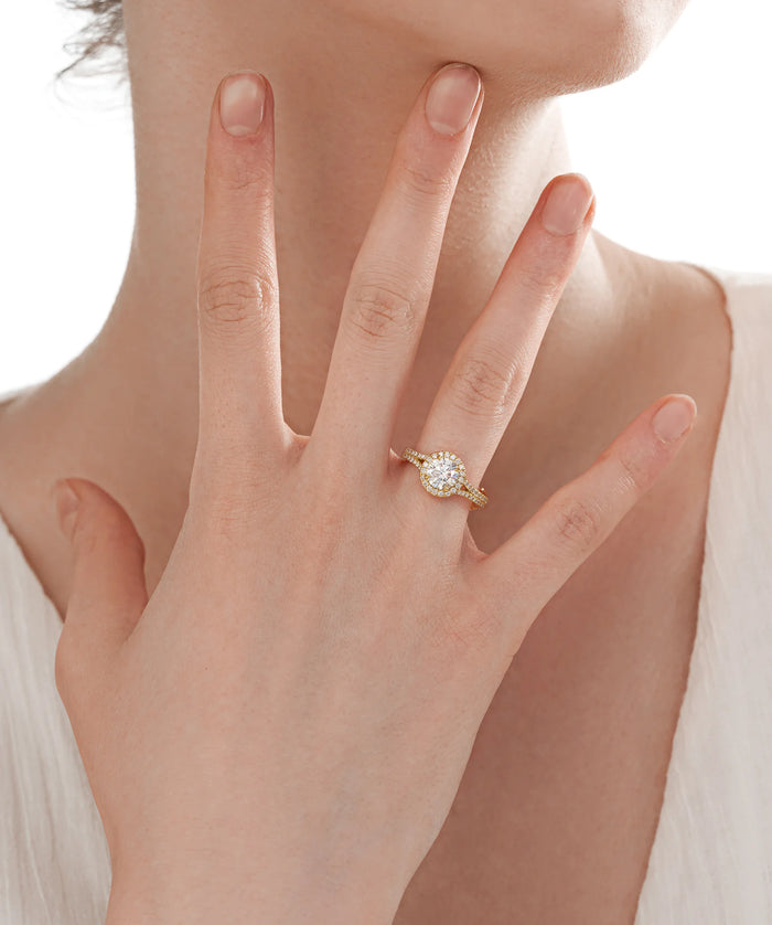 Round Cut Lab Grown Diamond Halo Engagement Ring with Split Shank in Gold