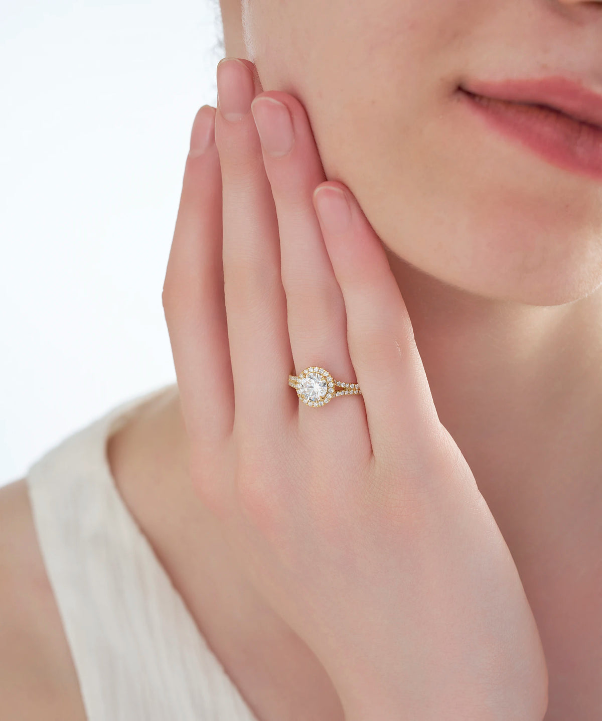 Round Cut Lab Grown Diamond Halo Engagement Ring with Split Shank in Gold