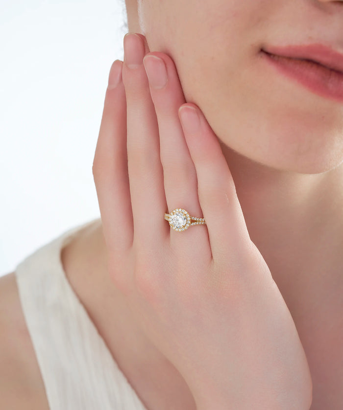 Round Cut Lab Grown Diamond Halo Engagement Ring with Split Shank in Gold