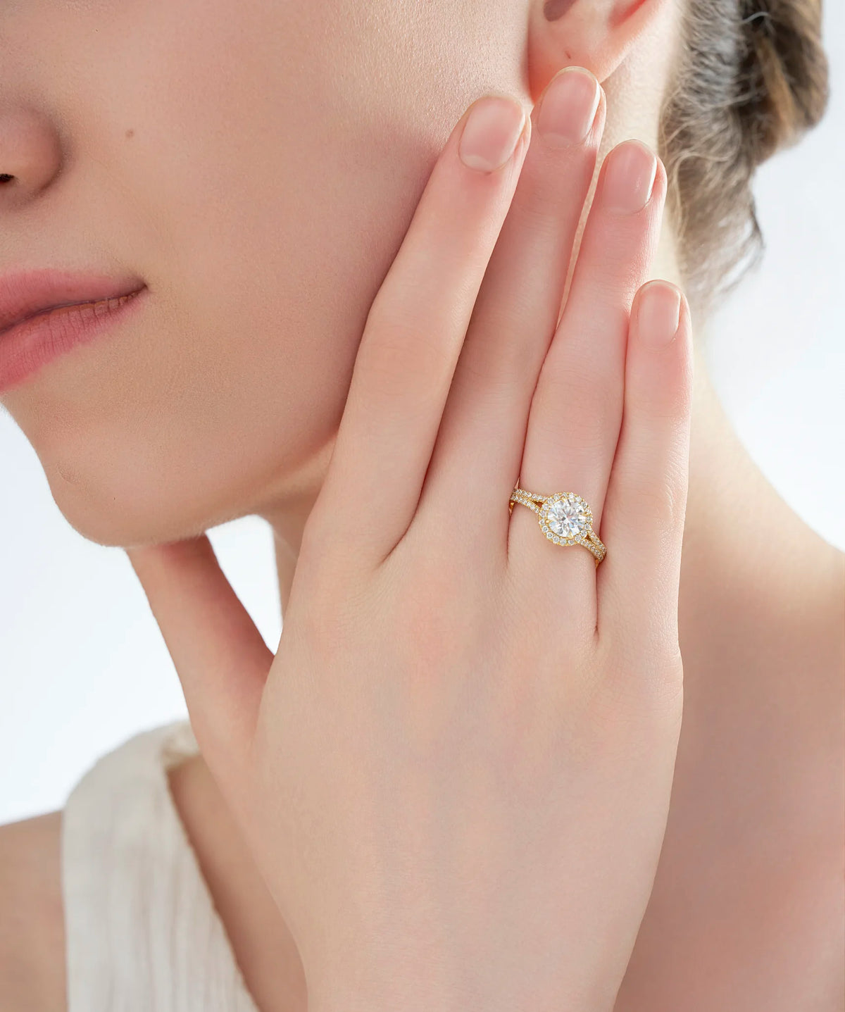 Round Cut Lab Grown Diamond Halo Engagement Ring with Split Shank in Gold