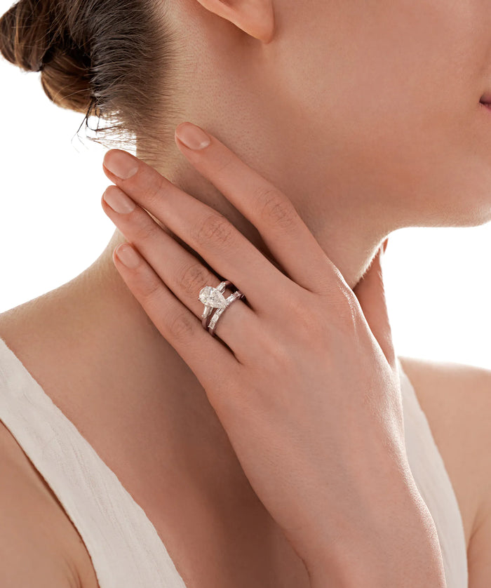 Pear Cut Lab Grown Diamond Bridal Set with Tapered Baguette Band in Gold