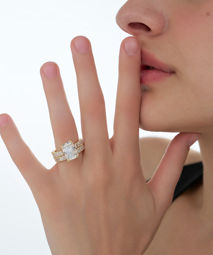 Radiant Cut Lab Grown Diamond Double Row Statement Engagement Ring in Gold