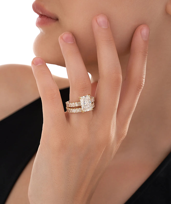 Radiant Cut Lab Grown Diamond Double Row Statement Engagement Ring in Gold
