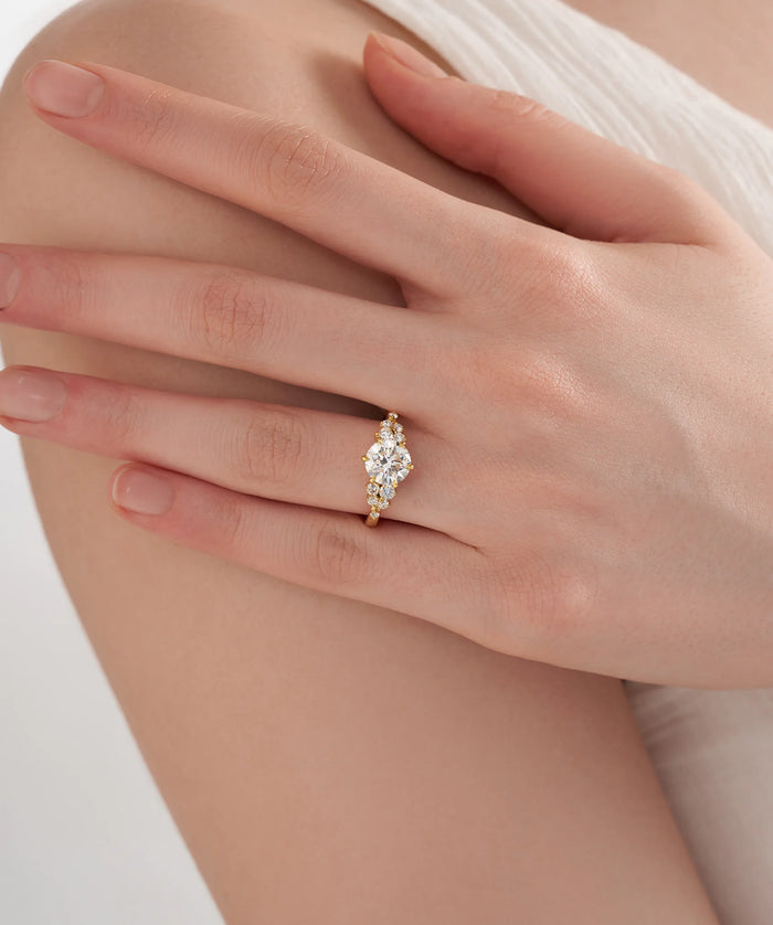 Round Cut Lab Grown Diamond Cluster Accent Engagement Ring in Gold