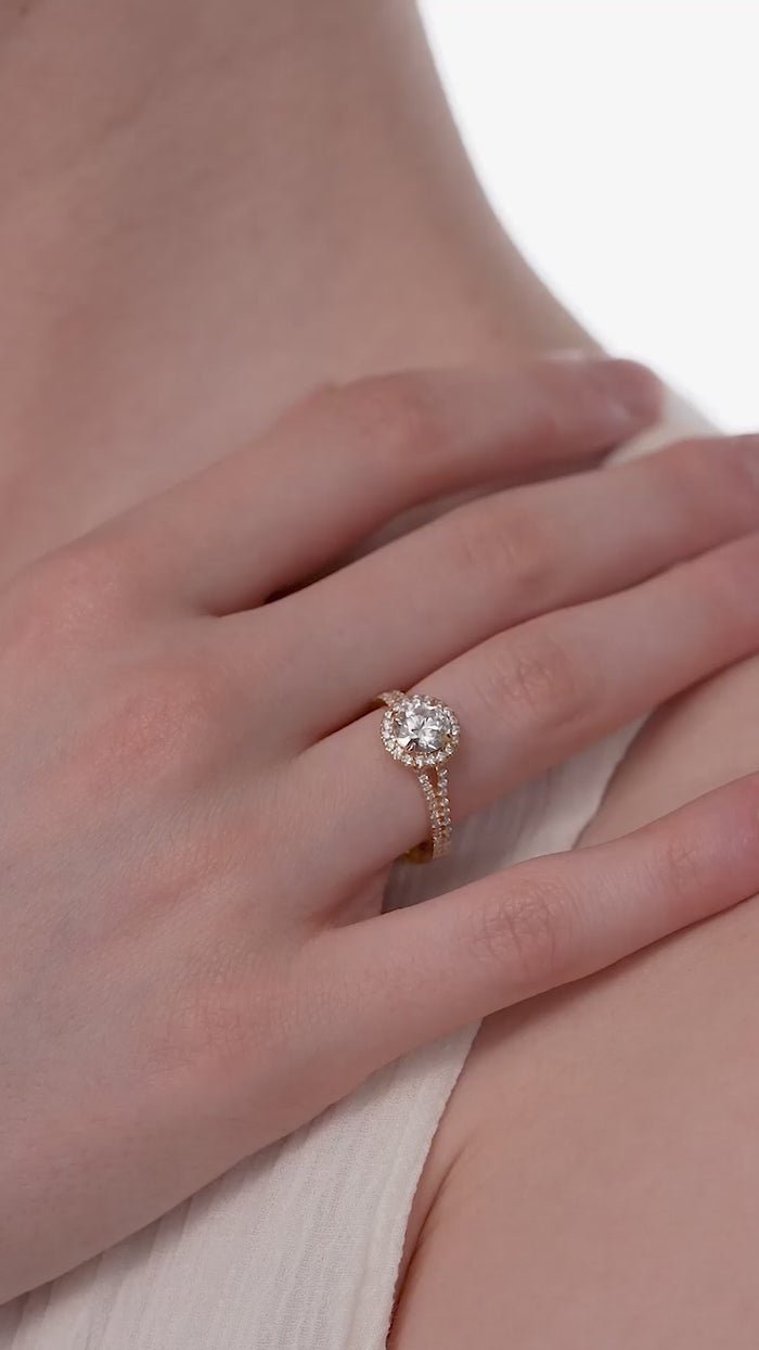 Round Cut Lab Grown Diamond Halo Engagement Ring with Split Shank in Gold