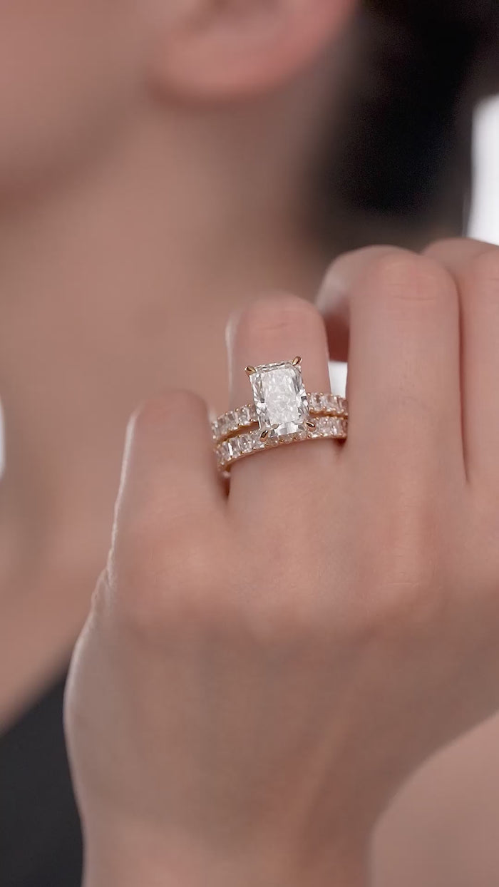 Radiant Cut Lab Grown Diamond Double Row Statement Engagement Ring in Gold
