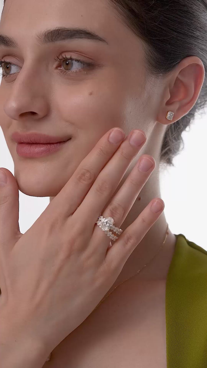 Oval Cut Lab Grown Diamond Double Row Statement Engagement Ring in Gold