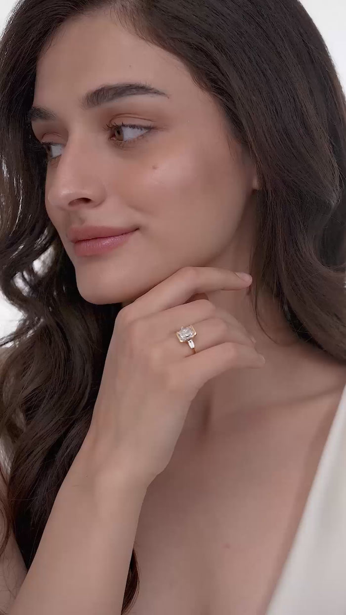 Half Bezel Radiant Cut Lab Grown Diamond Ring with Tapered Baguettes in Gold