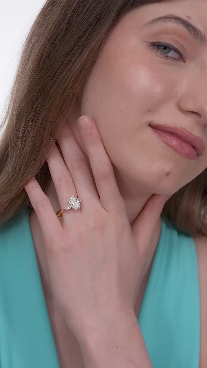 Elongated Cushion Cut Lab Grown Diamond Three Stone Ring with Pear Sides in Gold