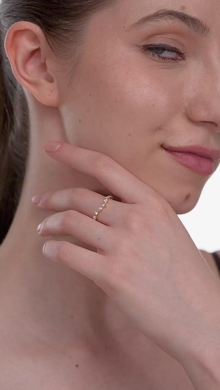 Marquise and Round Lab Grown Diamond Curved Wedding Band in Gold