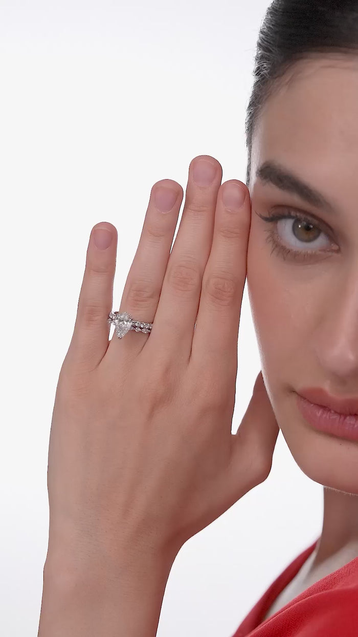 Pear Cut Lab Grown Diamond Hidden Halo Bridal Set with Marquise Band in Gold