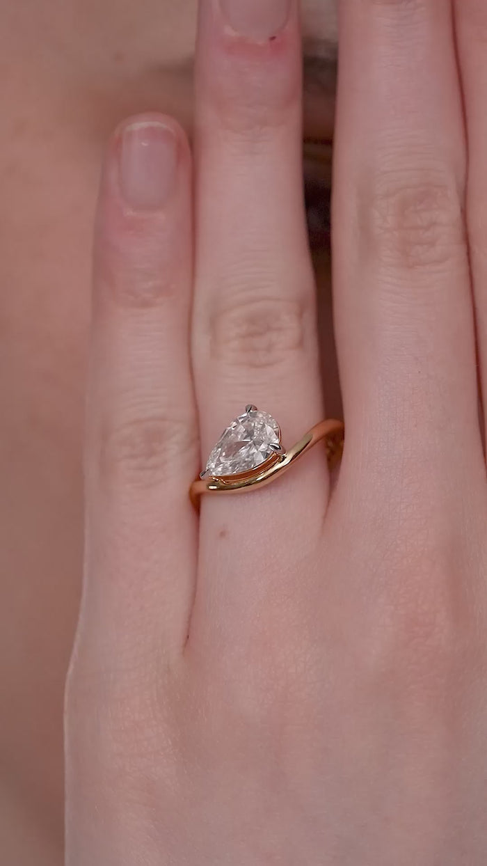 East West Pear Cut Lab Grown Diamond Bypass Solitaire Ring in Gold