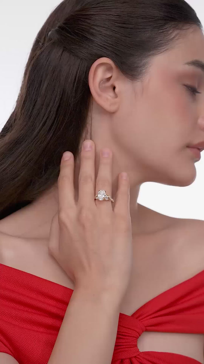 Oval Cut Lab Grown Diamond Vine Engagement Ring with Marquise Accents in Gold