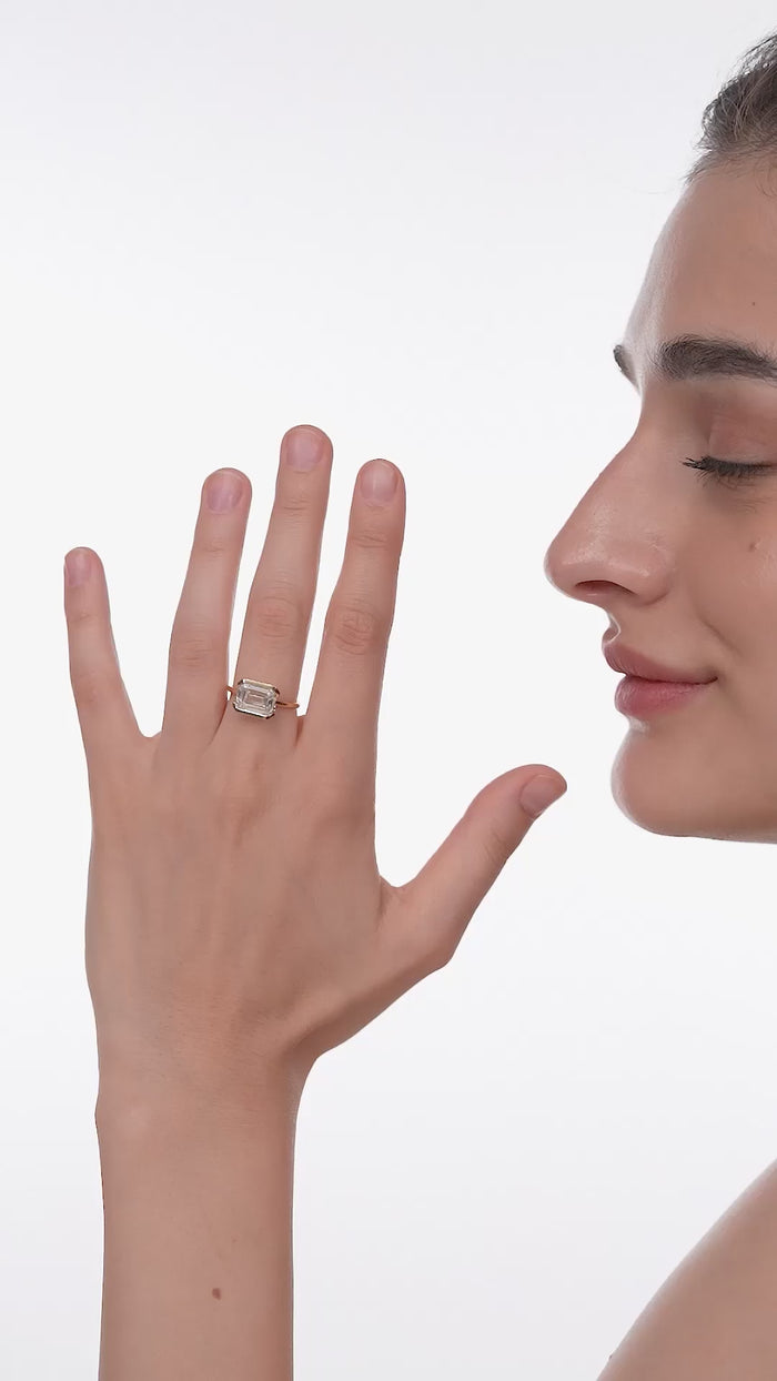 East West Emerald Cut Lab Grown Diamond Half Bezel Solitaire Ring in Gold