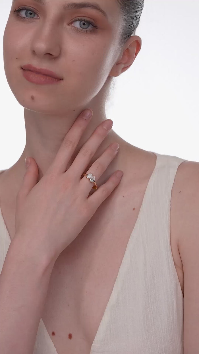 Pear and Emerald Cut Lab Grown Diamond Toi et Moi Ring in Gold