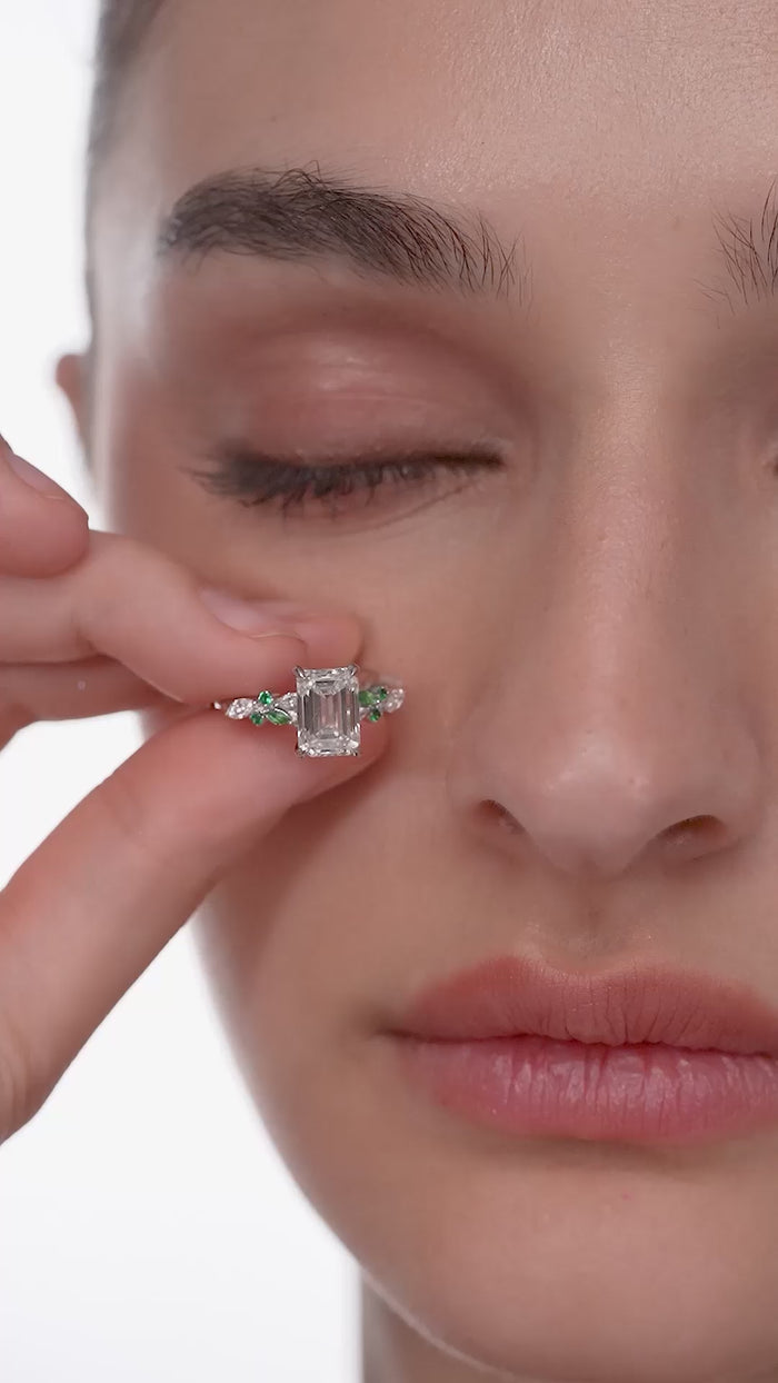 Emerald Cut Lab Grown Diamond Ring with Emerald Floral Accents in Gold