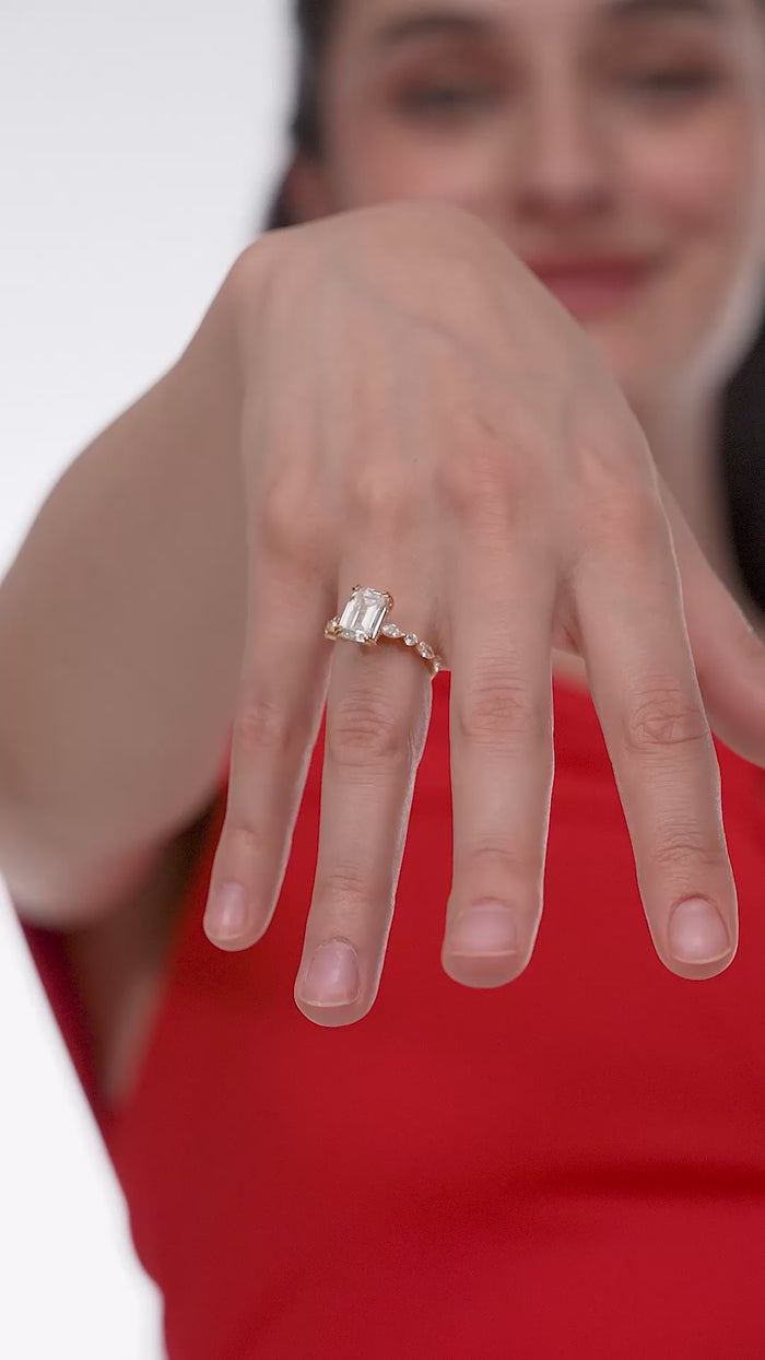 Emerald Cut Lab Grown Diamond Engagement Ring with Pear and Round Accents in Gold