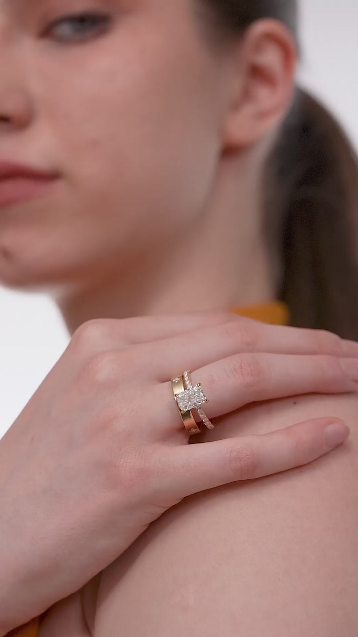 Radiant Cut Lab Grown Diamond Hidden Halo Bridal Ring Set in Gold