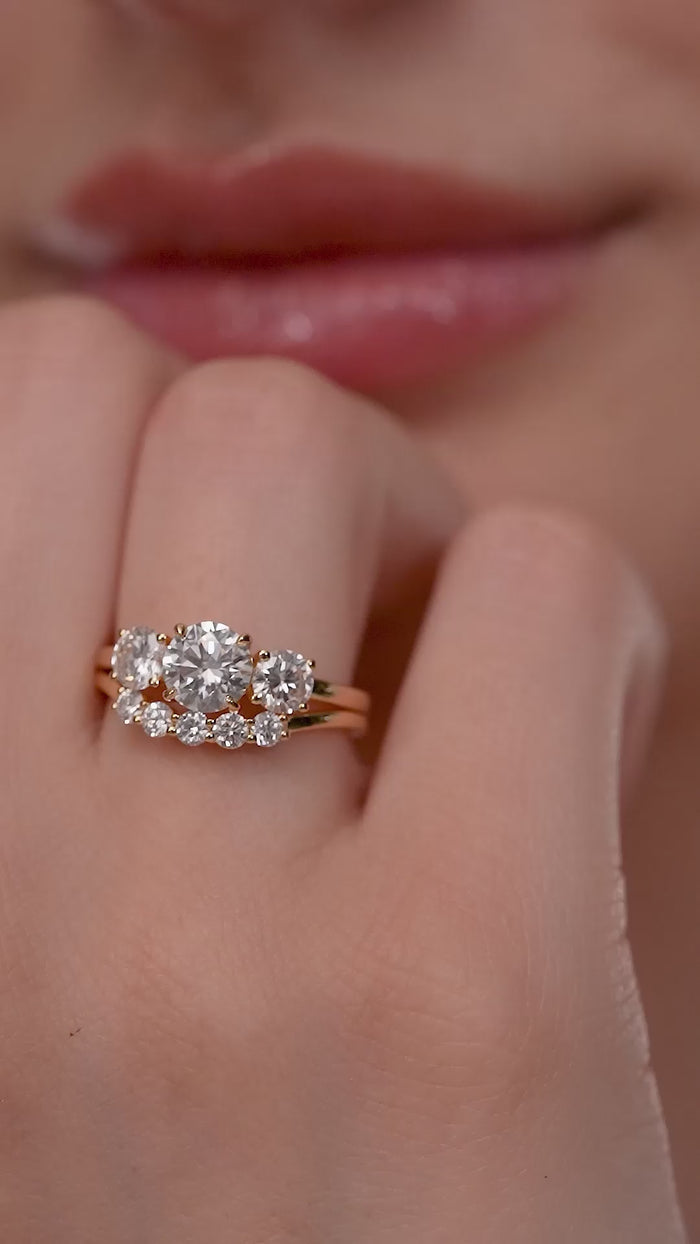 Round Lab Grown Diamond Three Stone Bridal Ring Set in Gold
