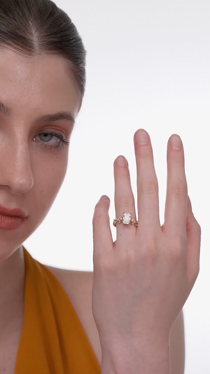 Radiant Cut Lab Grown Diamond Floral Vine Engagement Ring in Gold