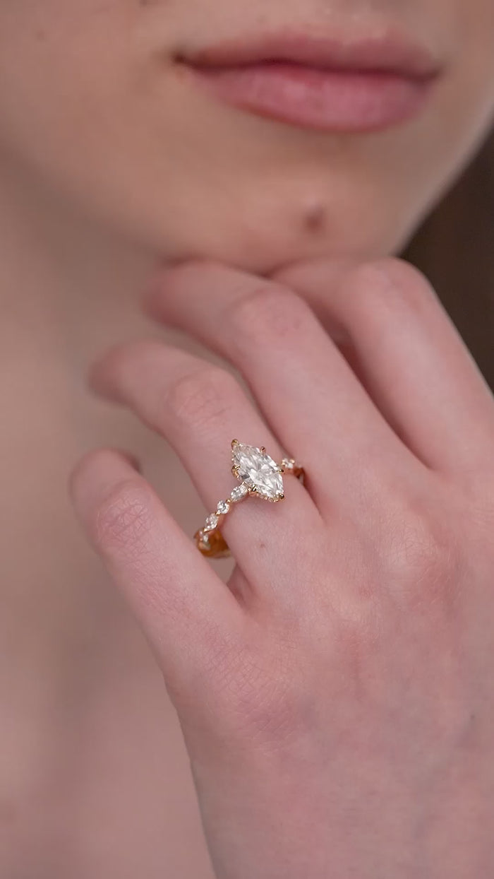 Marquise Cut Lab Grown Diamond Engagement Ring with Pear and Round Accents in Gold